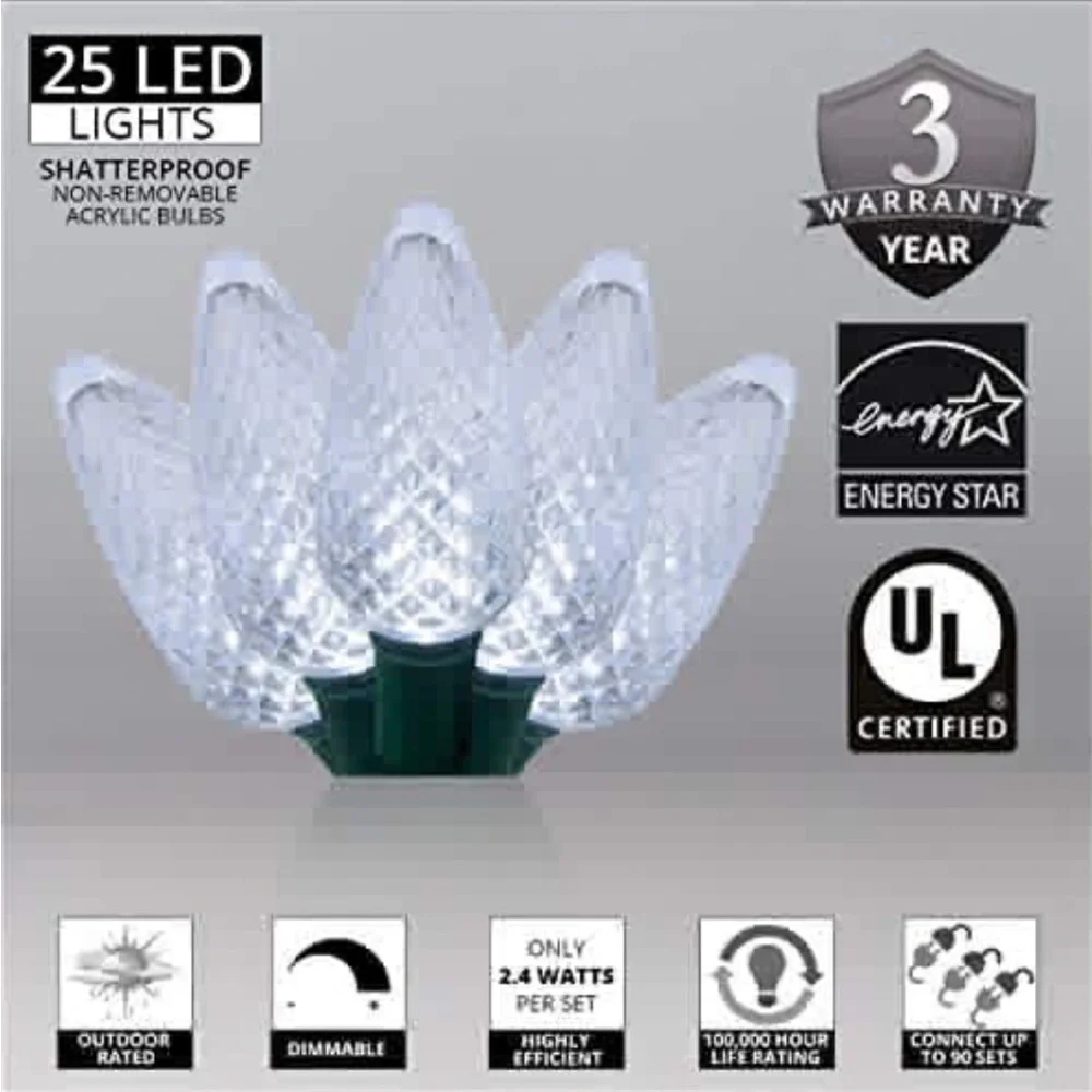 🦃 HOME ACCENTS 25 COUNT LED C9 COOL WHITE HOLIDAY LIGHTS